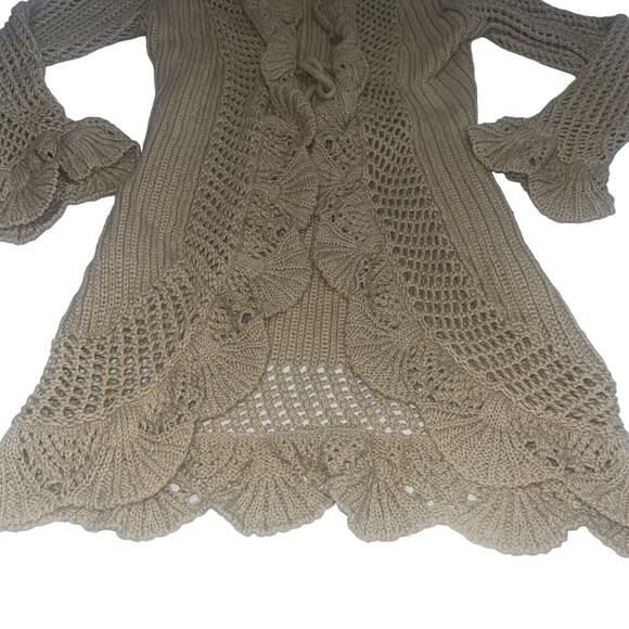 Y2K Ruffle Tan Tie Front Cardigan Midi Length Medium - Picture 2 of 9